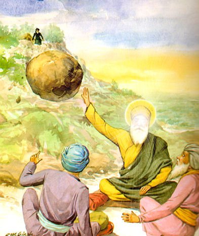 Guru Nanak simply raised his hand and stopped the rock